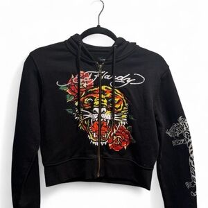 Ed Hardy Black Cropped Hoodie with Tiger and Rose Design